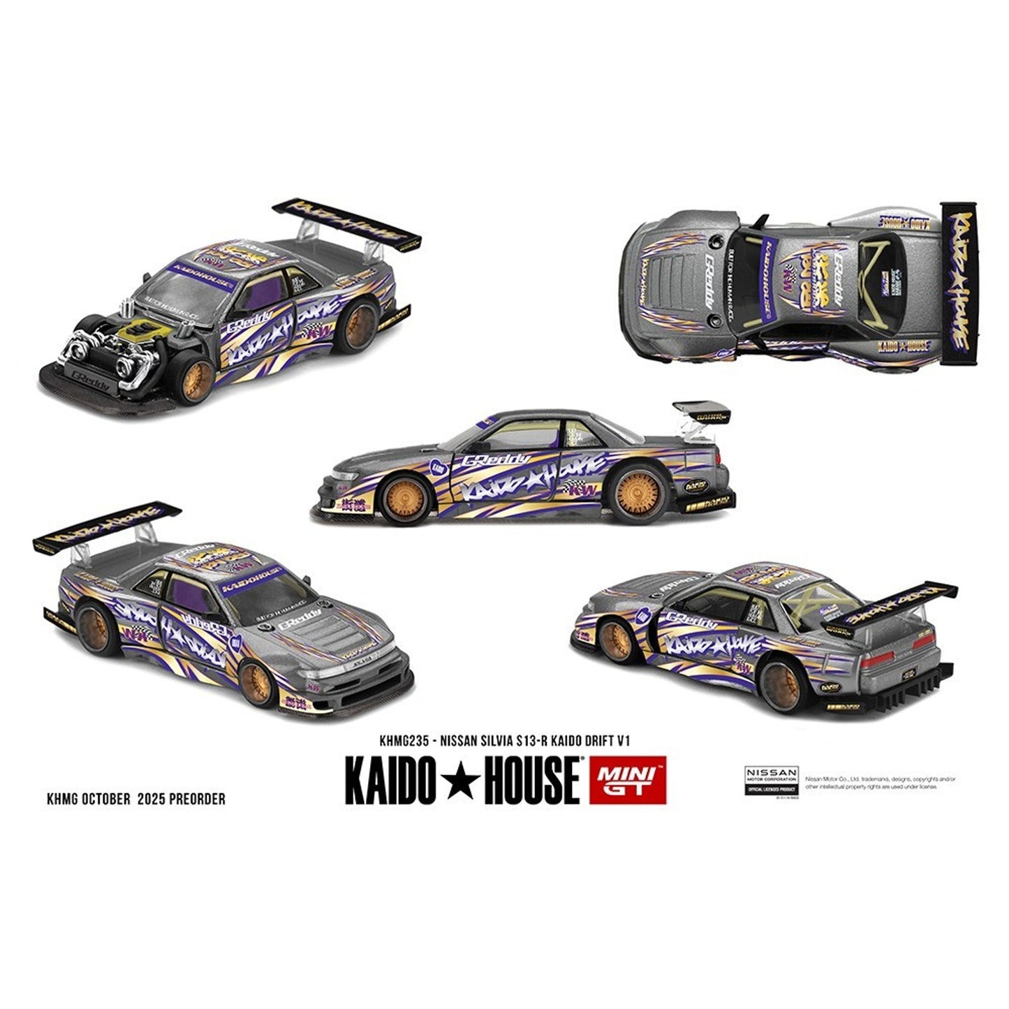Kaido House x Mini GT 1:64 Nissan Silvia S13-R Kaido Drift V1 Greddy Gray #235