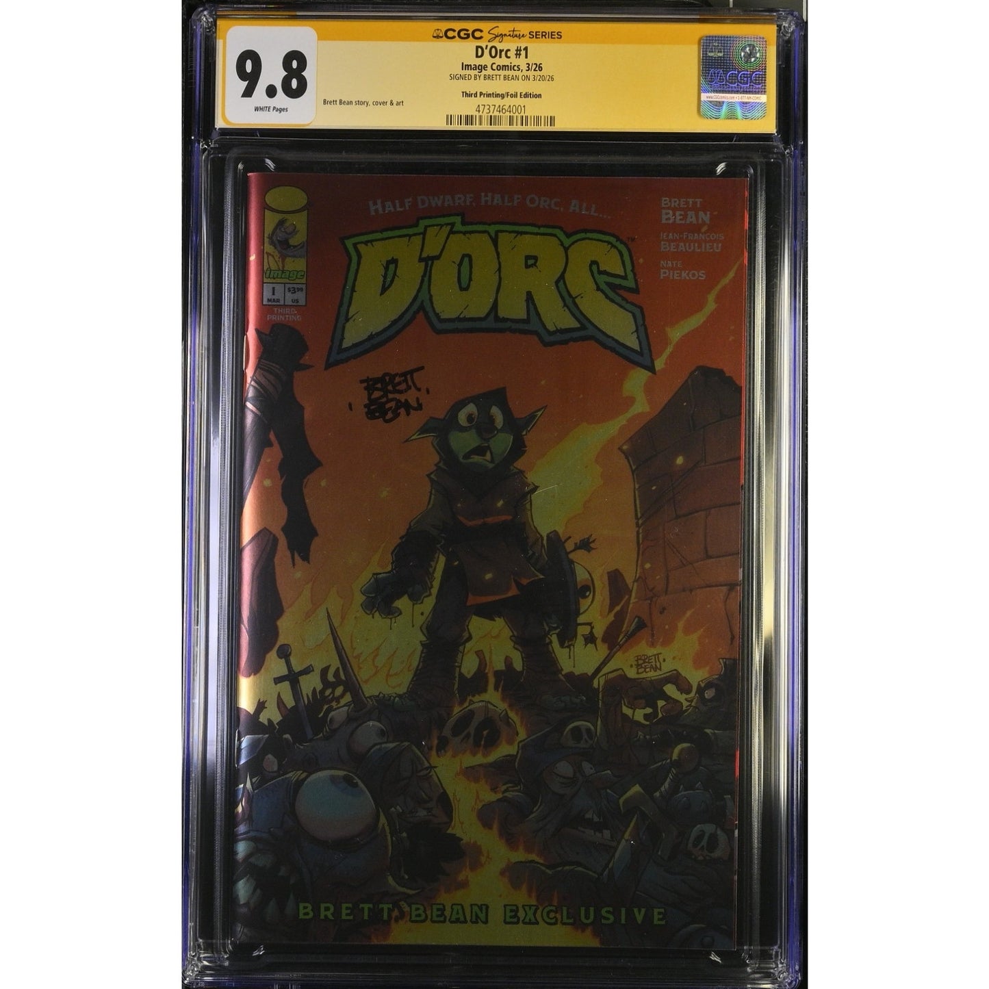 D'ORC #1 3rd Print CGC SS 9.8 Brett Bean Exclusive MEGACON Foil Variant Signed