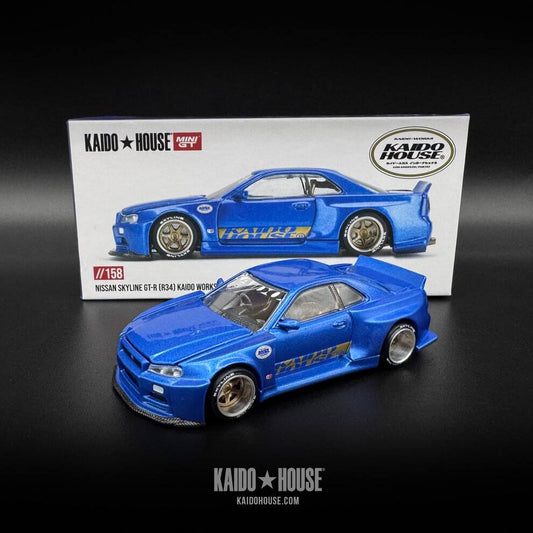 Kaido House x Mini GT 1:64 Nissan Skyline GT-R (R34) Kaido Works (V2 Aero) SHINJUKU V2- Blue