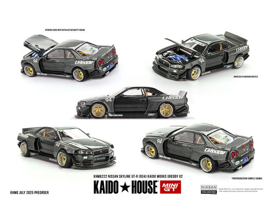(COMING SOON) Kaido House x Mini GT 1:64 Nissan Skyline GT-R (R34) Kaido Works GReddy V2 – Black w/ Carbon