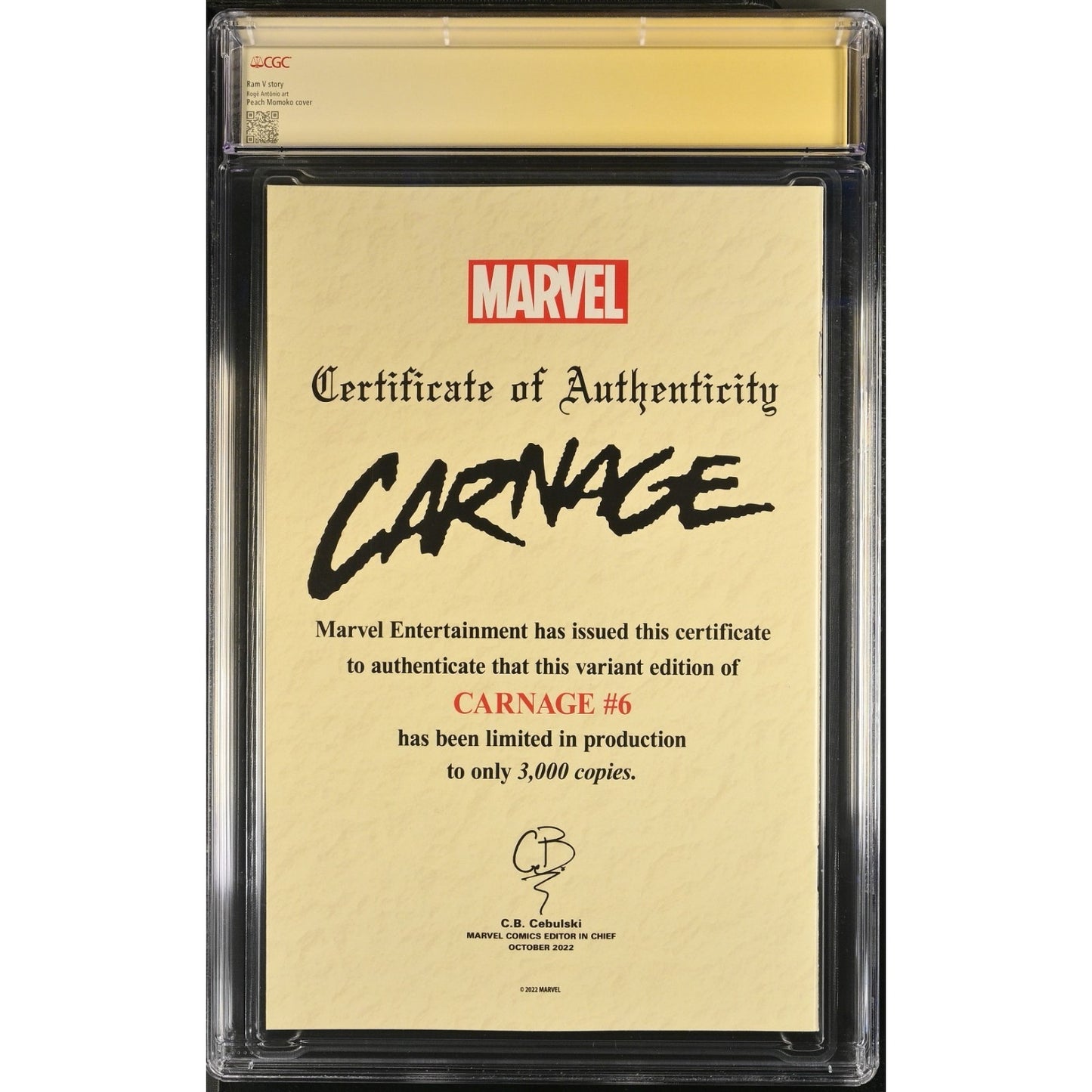 Carnage #6 CGC SS 9.4 Peach Momoko Variant NYCC 2022 Signed by Peach Momoko